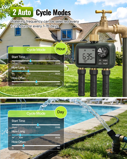 WILAWELS Brass Sprinkler Timer with Swivel, Programmable Water Timer for Garden Hose with Auto/Manual/Rain Delay Watering, Digital Irrigation System Kit,for Garden, Yard, Lawn 3 Outlet F13WT06
