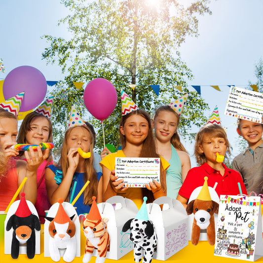 HyDren 33 Pcs Adopt Party Favors Include Adoption Sign Animal Adoption Plush Certificate Pet Stuffed Birthday Hats Paper Boxes White for Adopt an Animal(4 Cat 4 Dog)
