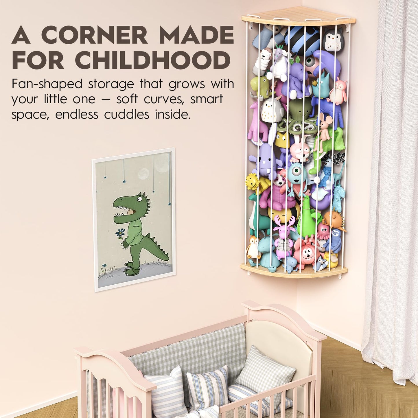 Zayysoha Corner Stuffed Animal Storage Zoo, Large Adjustable Solid Wood Plush Toy Organizer, Hanging Stuffie Holder Shelf & Cage with Engraved Dinosaur Star Moon for Kids Nursery Playroom