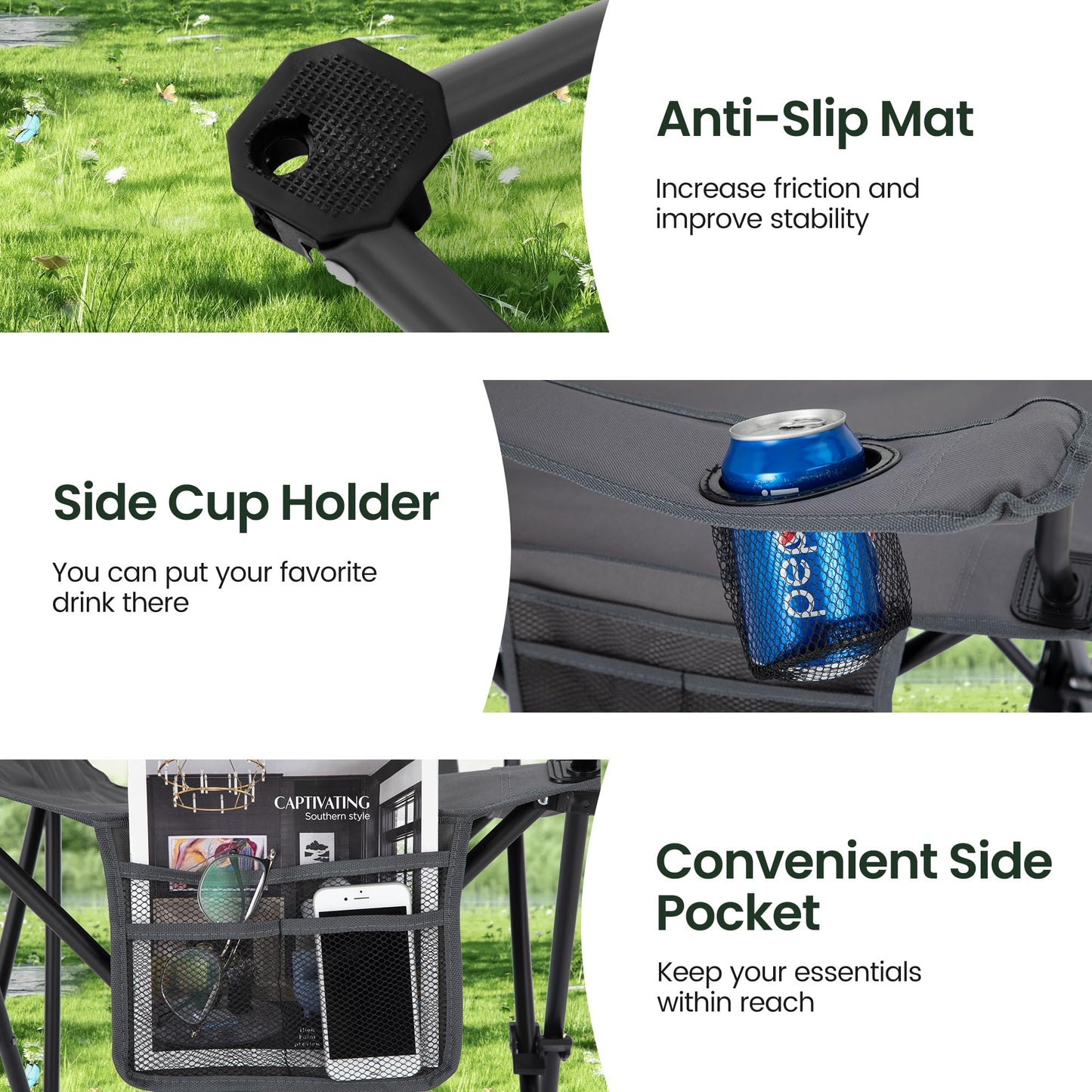 HIGH POINT SPORTS 2 Pack Portable Camping Chair for Adults, Folding Outdoor Camp Chair Lightweight Lawn Chairs Folding Collapsible Chair for Camping, Tailgates, Beach, Gray, Support 350 lbs