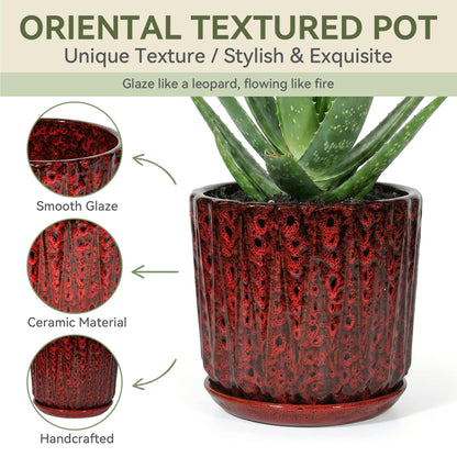 TOSELBAI 7.5 Inch Ceramic Planter Pot with Saucer Drainage Leak-Proof Mesh,Flower Pots for Indoor Plants with Gardening Gloves,Ceramic Planter(Spotted Red)