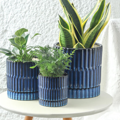 HASENSE Ceramic Plant Pots Set of 3 (8+6+4.6 Inch), Flower Planters with Drainage Hole and Saucer, Indoor Planter Pots for Succulents, Herbs, Ideal for Home Office Desktop Garden Decor(Blue)