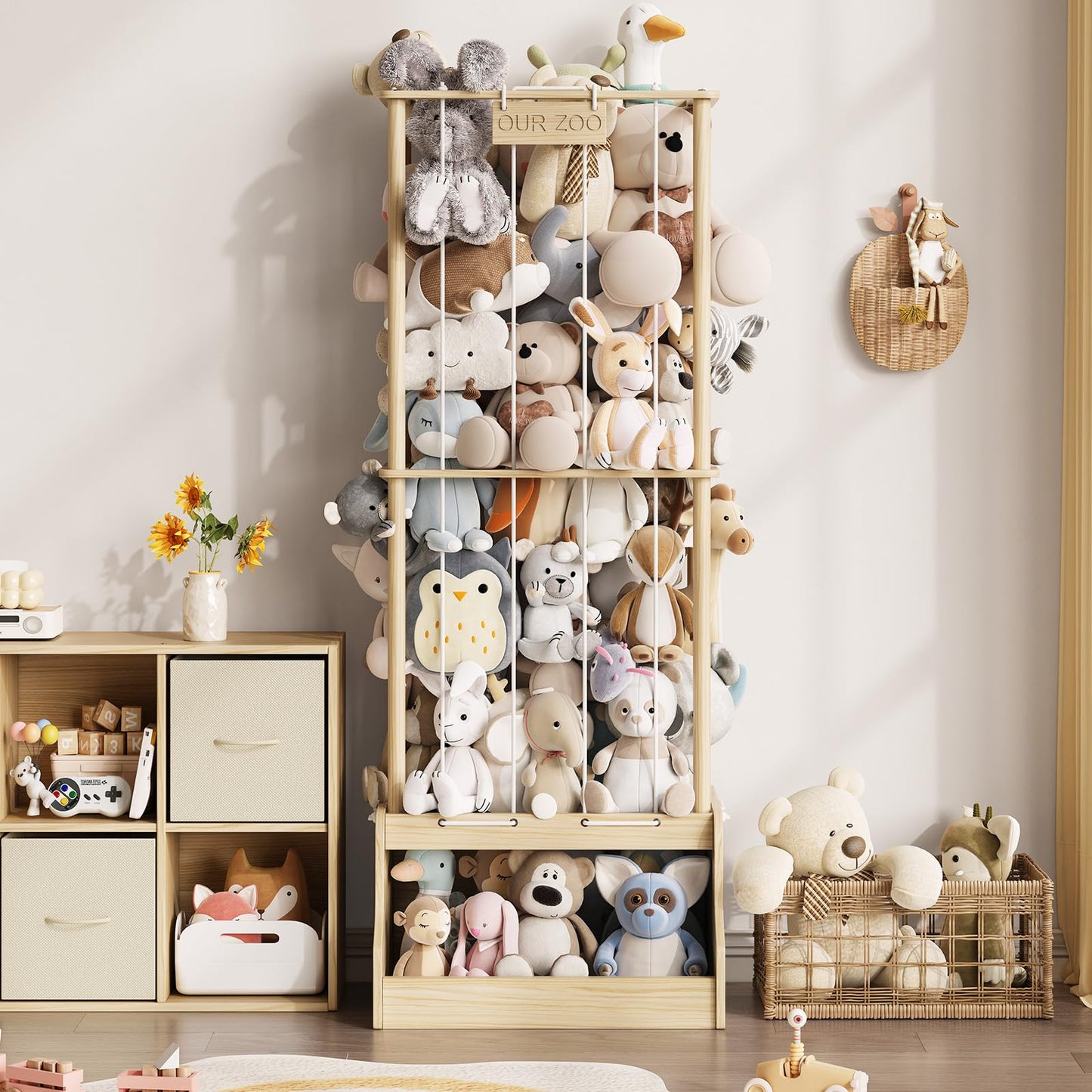 EXPERLAM Stuffed Animal Storage, Wood Stuffed Animal Zoo with Toy Chest, Vertical Stuffed Animal Holder with Thicker Elastic Band, Plushies Storage for Playroom, Living Room, Nurseryroom, Bedroom