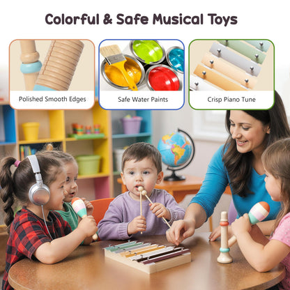 Wooden Musical Instruments for Toddlers 1-3, Montessori Percussion Set with Xylophone, Natural Music Education Toys for Baby 12-18 Months