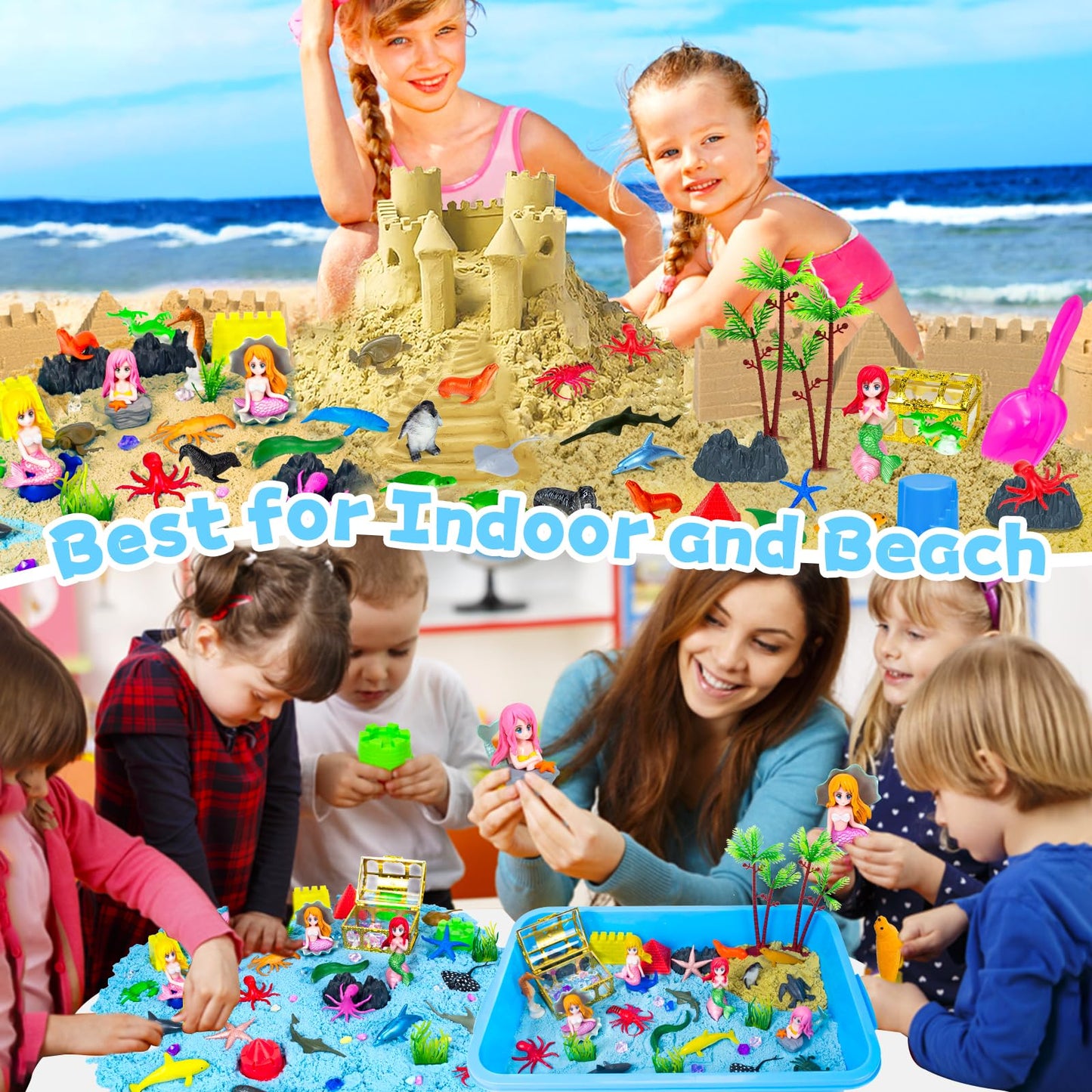 Bloolilies Sensory Bin, 57Pcs Ocean Mermaid Sensory Bins for Toddlers Sand Art Kit Sea Animals Molds Sandbox with Cover, Kids Play Sand Toys Playsand Birthday Gift for Boys Girls 3-5 6 7 8