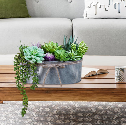 Winlyn 10" Artificial Succulent Arrangement Centerpiece Fake Succulent Plants in Rustic Metal Oval Planter Faux Potted Succulents for Home Office Bedroom Table Windowsill Shelf Mantel Decor