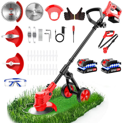 Electric Weed Wacker Cordless, 4000mAh Weed Eater Battery Powered with Wheel, 4 in 1 Grass Trimmer/Heavy Duty Brush Cutter/Lawn Edger/Weed Trimmer, No String Trimmer with Blade, 2 Battery Garden Tool