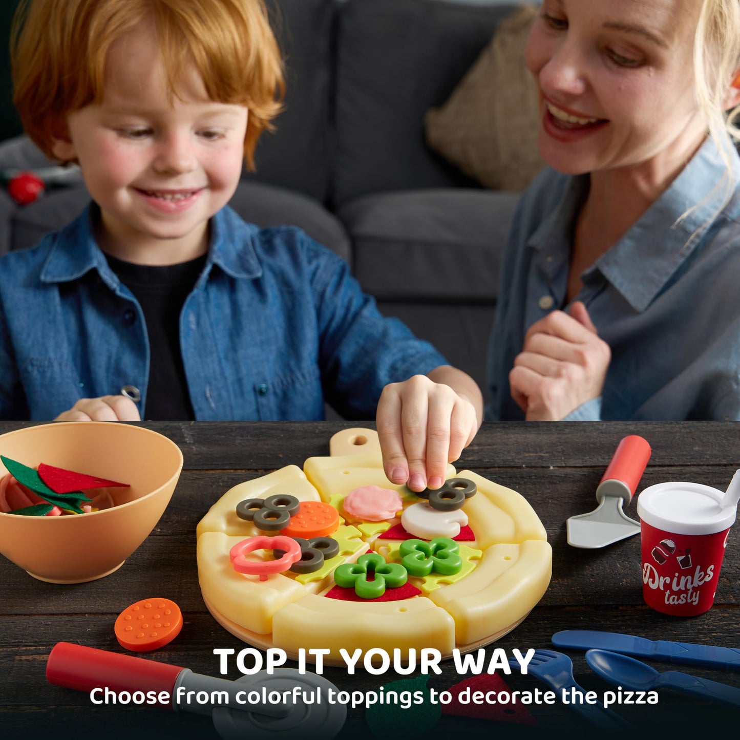 lalalark Play Food Toddler Toy - Pizza Toy with 18 Toppings - Pretend Cutting Food for Kids - Craft 'n Crust - Interactive Check Out - Play Money - Cooking Kitchen Accessories for Boys and Girls