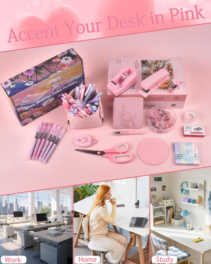 Pink Desk Accessories, Pencil case, Stapler, Pen and a Lot of Office Pink Office Supplies Beautifully Presented in a Gift Box