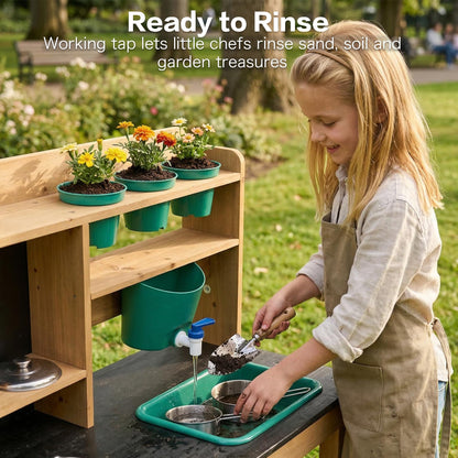 Mud Kitchen for Kids Outdoor, Wooden Play Kitchen with Real Working Faucet & Water Tank, Sensory Montessori Kitchen Playset with Sink, Chalkboard, Pots & Pans for Toddlers & Kids Ages 3+