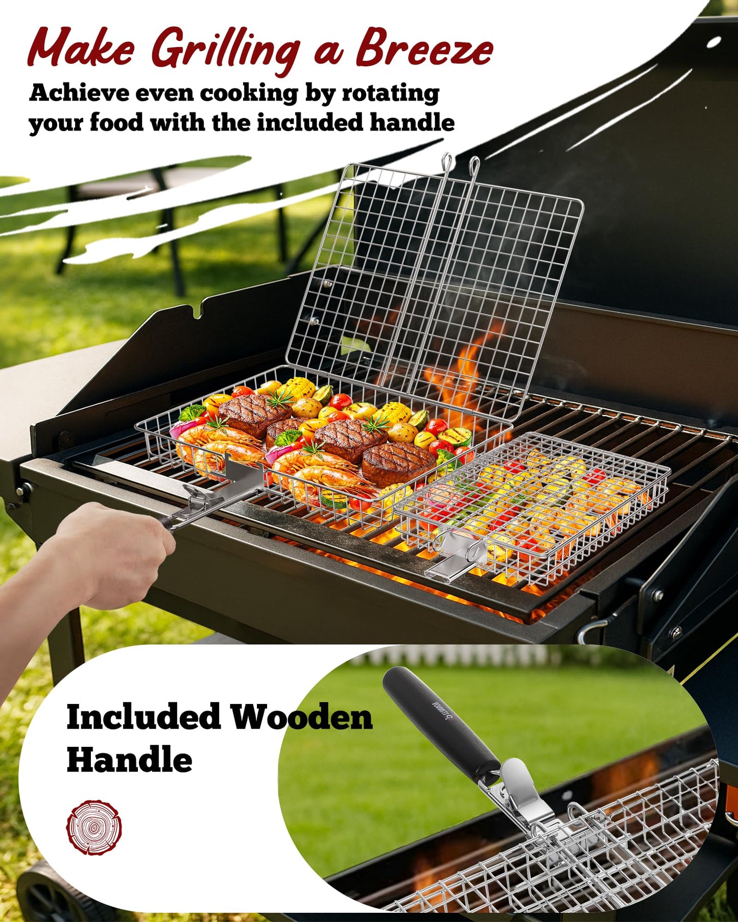 Nesting Grill Baskets, 2PCS Grilling Baskets for Outdoor with Removable Handle, Stainless Steel BBQ Camping Cooking Accessories Tools for Meat Steak Fish Vegetable Shrimp, Gifts for Men Dad Husband