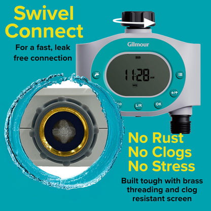Gilmour Dual Outlet Water Timer for Garden Hose, Programmable Automatic Watering System, LCD Screen, Rain Delay, Battery Operated