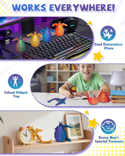 TBOLINE 4PCS 3D Printed Dragon with Wings and Egg, Surprise Egg with Flying Dragon Inside, Small 3D Printer Dinosaur Eggs Party Favors Toy Classroom Prizes Girls for Kids Gifts 5-7 8-12