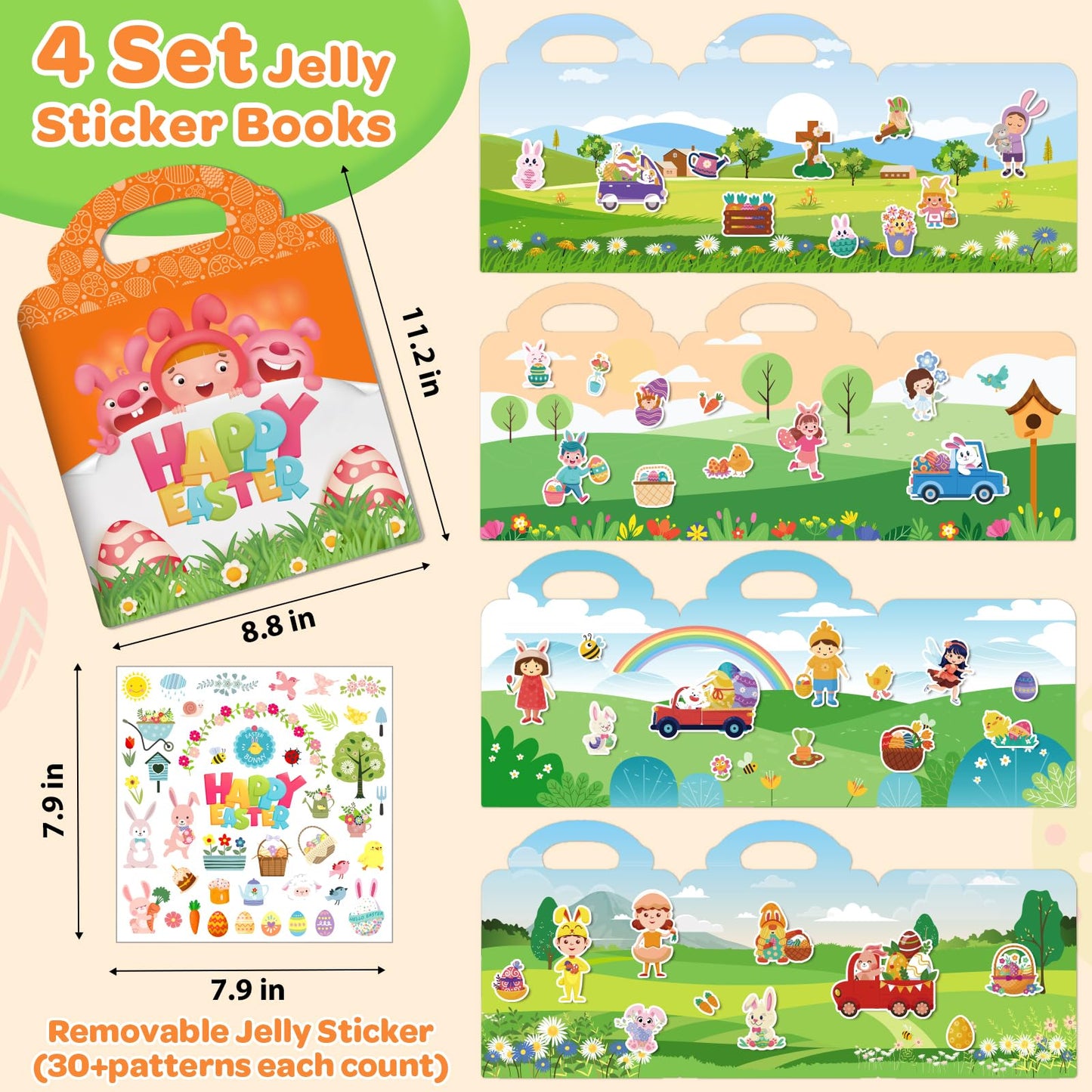 4 Sets Easter Reusable Sticker Books for Kids 2-4, Activities Books for Toddlers 1-3, Arts and Crafts Removable Jelly Stickers for Girls Boys, Travel Toys Holiday Gifts Easter Basket Stuffers