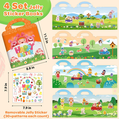 4 Sets Easter Reusable Sticker Books for Kids 2-4, Activities Books for Toddlers 1-3, Arts and Crafts Removable Jelly Stickers for Girls Boys, Travel Toys Holiday Gifts Easter Basket Stuffers