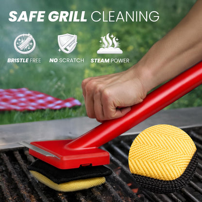 Grill Brush Bristle Free with 3 Replacement Brush Heads, Easy-Fit Cleaning Tool for Cast Iron/Stainless Steel Grates, Safe Barbecue Grill Cleaner