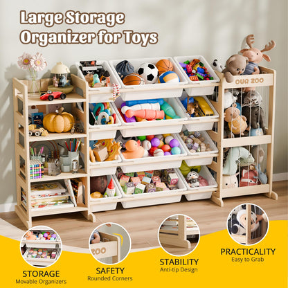 Large Kids Toy Storage Organizer - Toy Organizers and Storage with Stuffed Animal Storage, Kids Toy Storage Shelf with 12 Plastic Bins, 4-Tier Bookshelf for Kids Room, Playroom, Bedroom, 59 inch