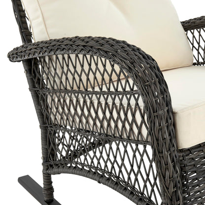 Manhattan Comfort Fruttuo Outdoor Rocking Chair with Removable Waterproof Cushions, Made of Steel Rattan, Weather-Resistant Patio Rocker with Curved Edge and Sturdy Steel Frame, Cream