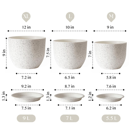 Giraffe Creation 12/10/9 Set of 3 Speckled White Plant Pots, Modern Indoor & Outdoor Planters with Drainage Holes and Saucers