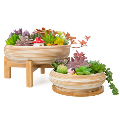 Succulent Pots - 7.3/10 Inch Large Plant Pot Ceramic Bonsai Planter with Drainage Tray, Shallow Planters for Succulents Cactus Flower Small Plants Birthday Gifts for Women