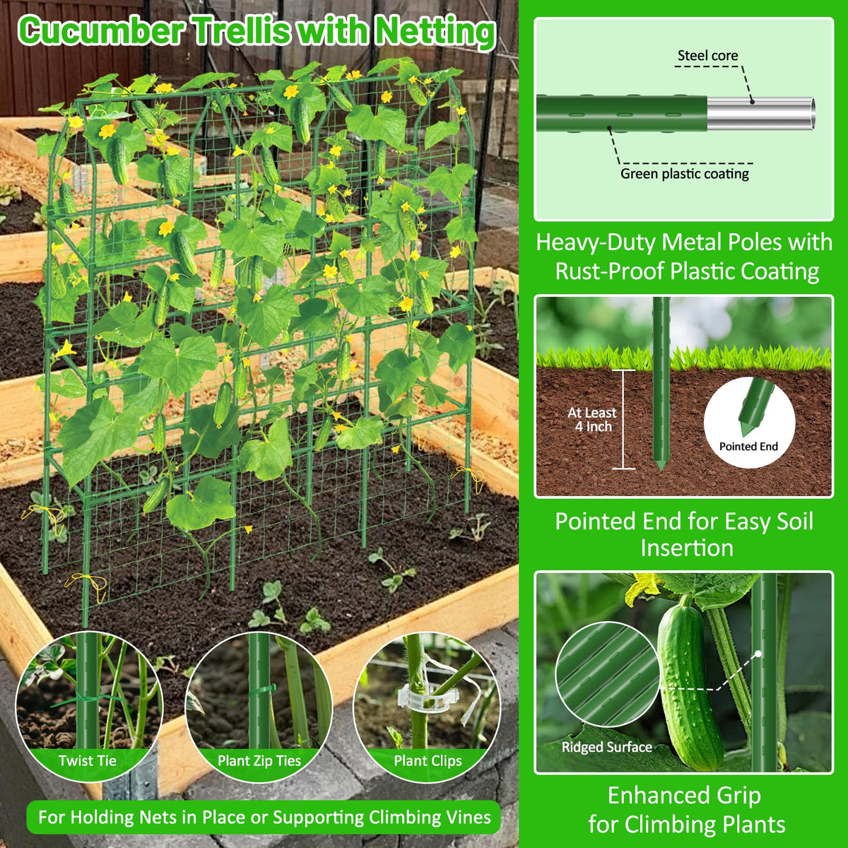 Sunwinx 50x65 Inch Cucumber Trellis for Raised Beds, V-Frame Metal Plant Garden Trellis for Climbing Plants Outdoor with Climbing Netting for Tomato Vegetable Grape Vine Bean Pea Squash