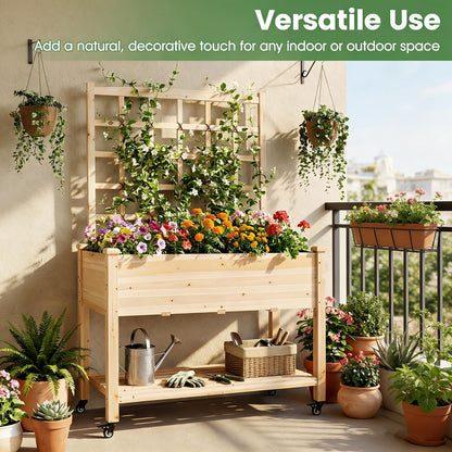 COSTWAY Wooden Raised Garden Bed with Trellis, Mobile Elevated Planter on Wheels, 285 lbs Capacity with Liner & Drainage Holes, Freestanding Outdoor Box for Climbing Plants, Vegetables, & Herbs