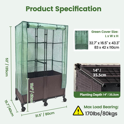 MAYOLIAH 3-in-1 Raised Garden Bed Large Planter Box with Trellis & Cover on Wheels Plastic Tomato Planter with Greenhouse for Deep Rooted & Climbing Plants 31.5x15.7x53-inch Brown