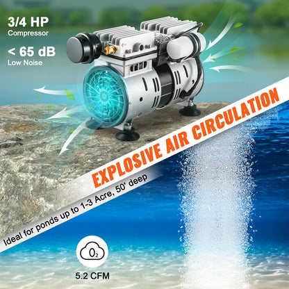 VEVOR Pond Aerator, 550W Power, 5.2CFM for Up to 3 Acre 50' Lake, Pond Aeration Kit Includes 3/4 HP Compressor & Timer & Valves, Air Compressor for Deep Water Oxygen Circulation, for Pond, Lake