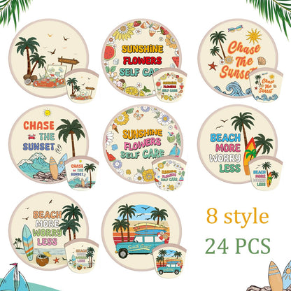 Gejoy 24 Pcs Beach Vacation Foldable Fan Style Summer Coconut Trees and Beaches Handheld Round Folding Flying Disc for Women Man Daily Use Festival Wedding Party Favors Decorations Portable, 8 Style