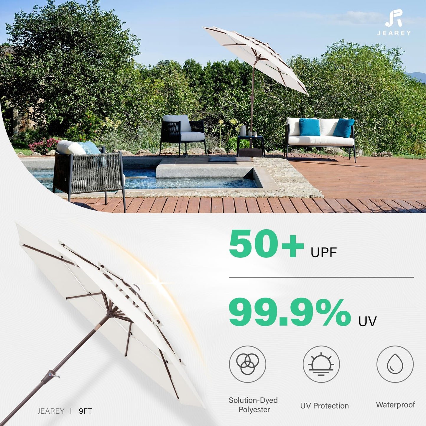 JEAREY 9FT 3 Tier Patio Umbrella Outdoor Market Umbrella Table Umbrellas with 8 Ribs 1.5 Pole Push Button Tilt and Crank UV Protection for Garden,Off-white
