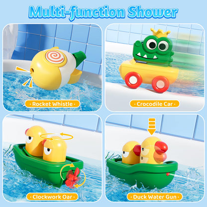 SOCBTNSO FlowFun Bath Toy Set: Electric Shower with 360° Rotate, Rocket Whistle, Cute Car Toy & Little Yacht | Interactive Water Play Kit for Toddlers 18 Months +