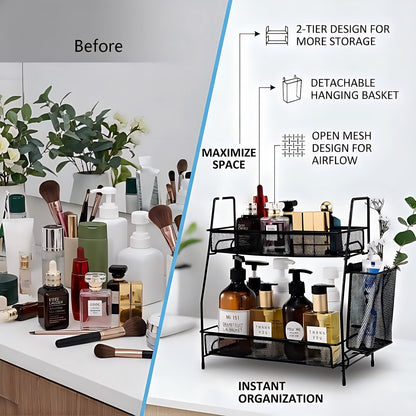 LEMIKKLE 2-Tier Bathroom Countertop Organizer,Skincare, Makeup Countertop Organizers, Kitchen, Bathroom Counter Storage with Small Basket (Black)