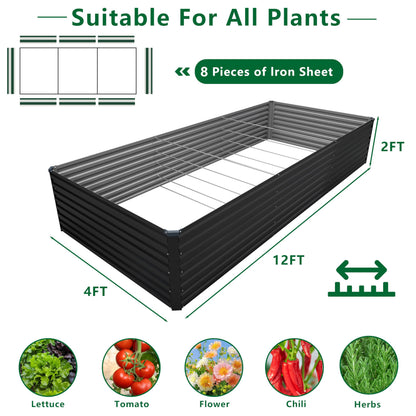 DIIYIV Galvanized Raised Garden Bed Kit Outdoor Patio,12x4x2ft Large Rectangular Metal Planter Boxes,Deep Root Box Planter for Gardening,Vegetables,Flowers,Herbs-Black