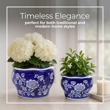 Set of 2 Round Chinoiserie Decorative Ceramic Planter Pots – Stoneware Outdoor & Indoor Plant Pots with Drainage – Modern Garden & Home Decor Planters – 6" & 5", Blue & White