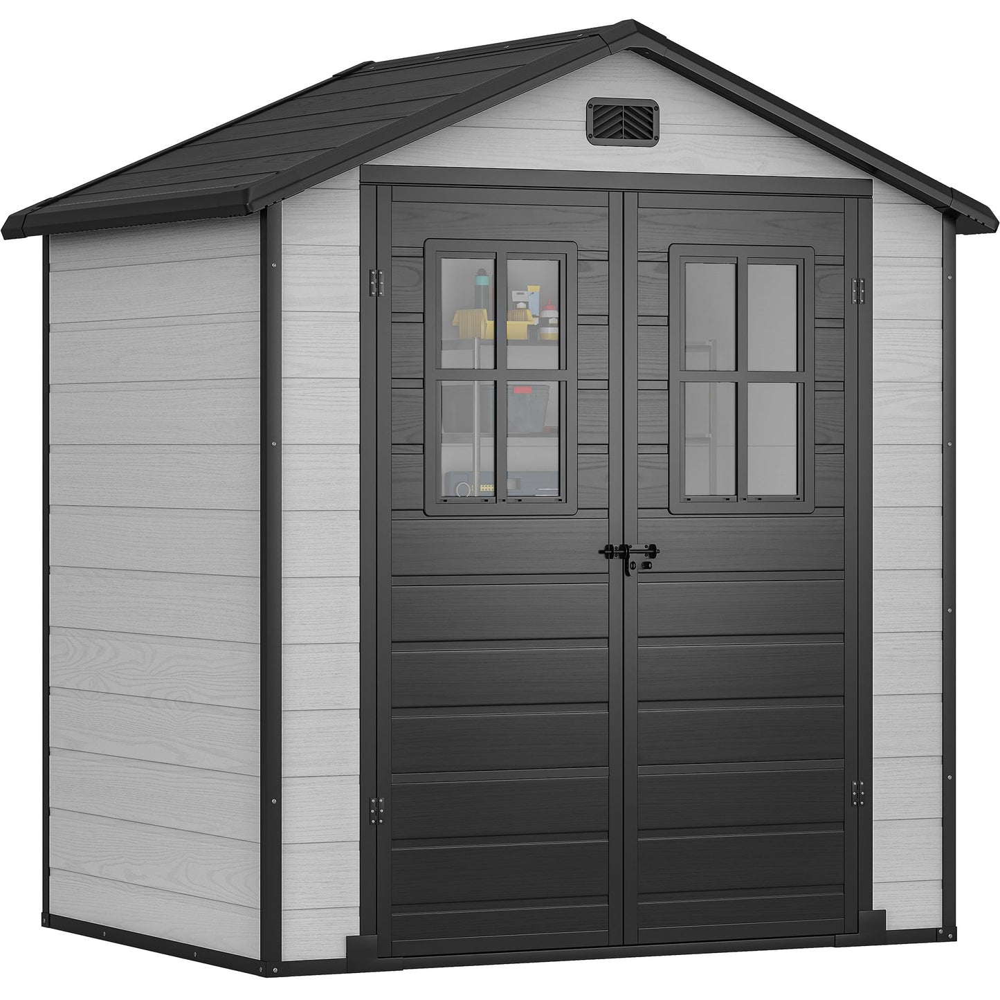 DWVO 6x4.4 FT Outdoor Storage Shed, Plastic Garden Tool Shed with 2 Windows, Double-Wall Outside Shed for Lawn Mower, Garden Tool for Backyard, Patio, Lawn, Lockable, Grey & Black