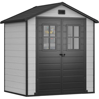 DWVO 6x4.4 FT Outdoor Storage Shed, Plastic Garden Tool Shed with 2 Windows, Double-Wall Outside Shed for Lawn Mower, Garden Tool for Backyard, Patio, Lawn
