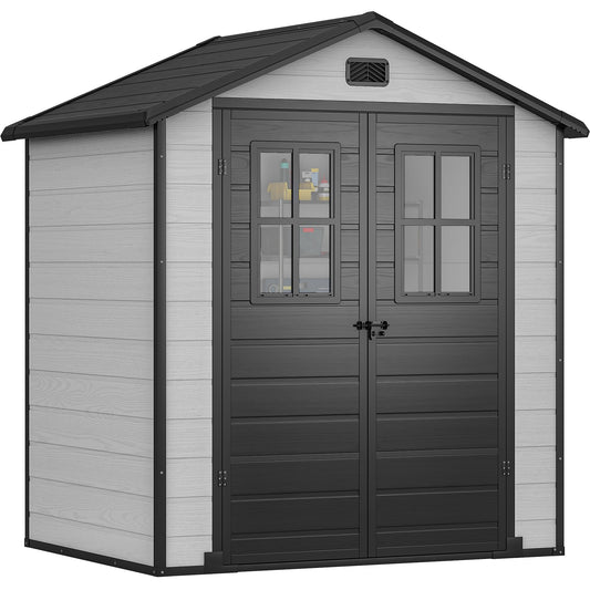 DWVO 6x4.4 FT Outdoor Storage Shed, Plastic Garden Tool Shed with 2 Windows, Double-Wall Outside Shed for Lawn Mower, Garden Tool for Backyard, Patio, Lawn