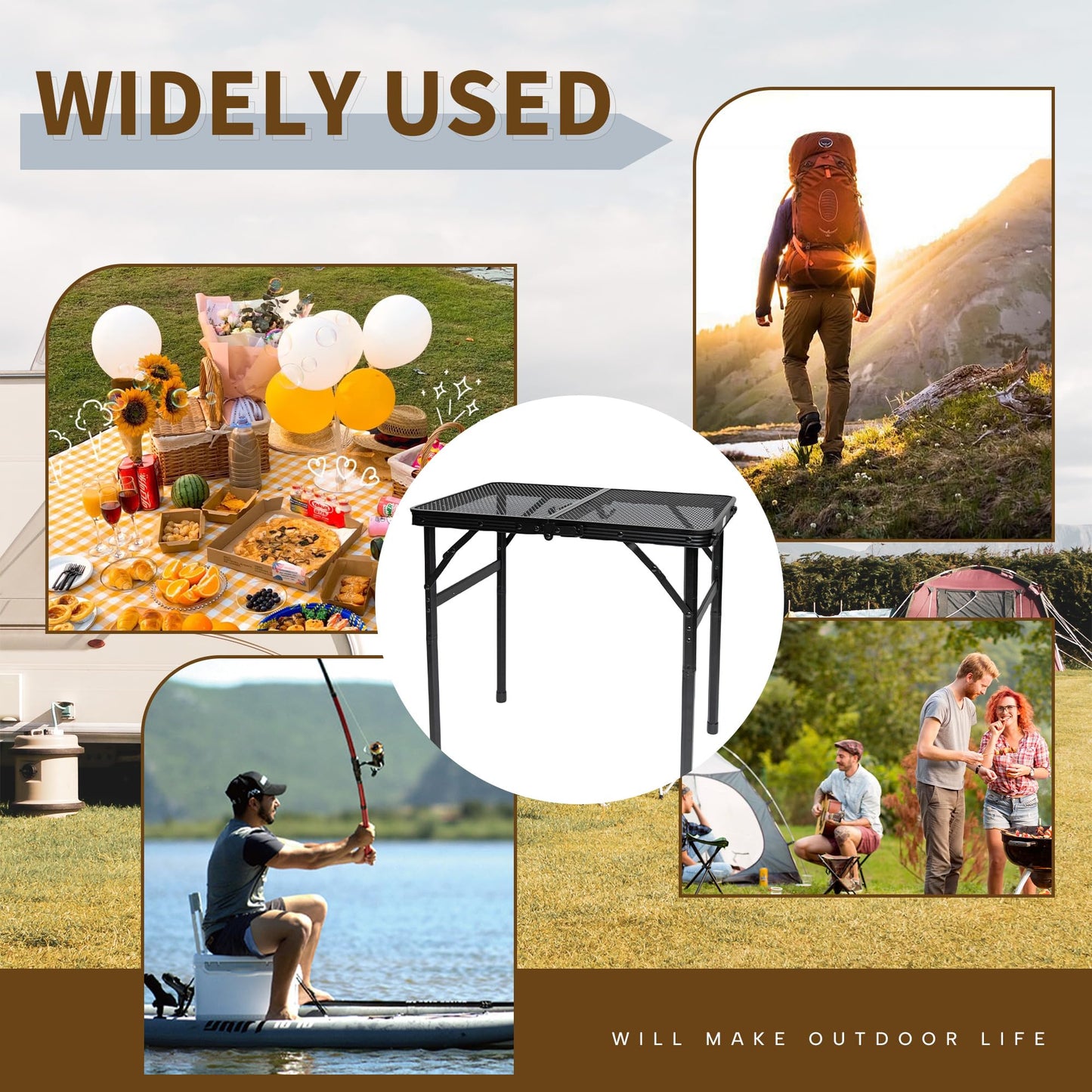 HPC Decor Folding Grill Table-Camping Table with Mesh Desktop,Portable Picnic Table with Carry Handle,27/56cm Height Adjustable Metal Table-Outdoor Grill Table,Folding Table for Outside Inside Use.