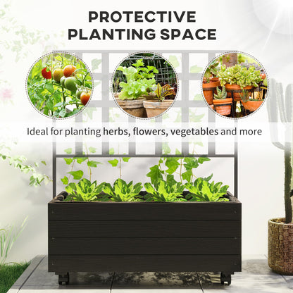 Outsunny Raised Garden Bed with Trellis and Wheels, Outdoor Wooden Elevated Planter Box, Freestanding Raised Flower Bed for Climbing Plants, Flowers, Herbs and Vegetables