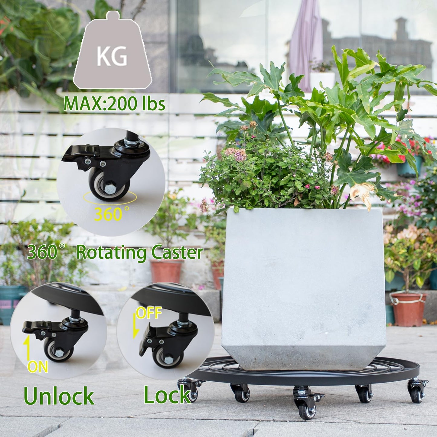 Goooxim 22 Inch Plant Rollers with Wheels - Heavy Duty Steel Round Dolly for Easy Indoor/Outdoor Movement, Removable Handle & 360° Swivel Wheels, Perfect for Large Pots, Planters & Trees
