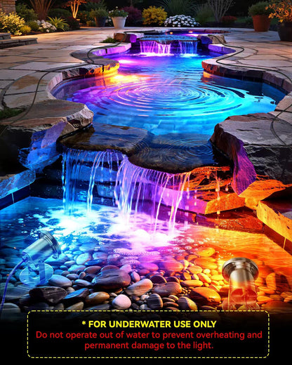 OSREE All in One RGB Underwater Pond Light Kit with APP, 6W IP68 Waterproof Fountain Light with 12V Transformer, Pond Lights LED Underwater for Large Pond Stream Fountain Water Feature, 51FT, 4Pack