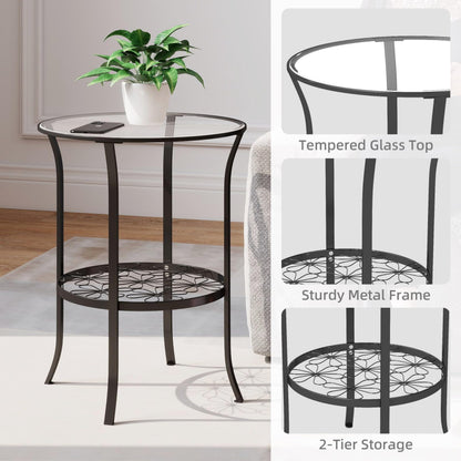 DDK 2-Tier Round Side Table with Tempered Glass Top & Decorative Floral Metal Shelf, Outdoor End Table for Patio Balcony, Indoor Accent Table for Living Room Bedroom