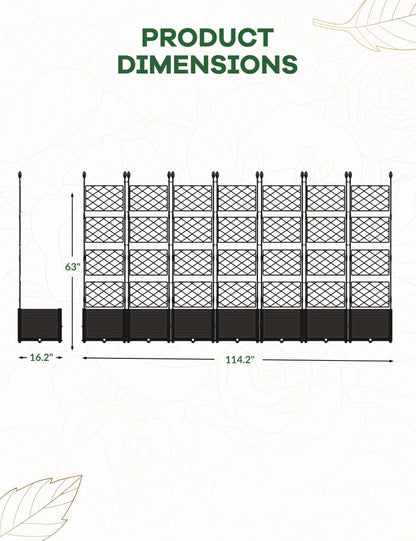 7 PCS Raised Garden Bed with Trellis, 114" LX16 WX63 H Plastic Planter Box for Climbing Plants, Outdoor Vertical Garden with Privacy Screen for Patio, Balcony, Backyard – Sturdy & Lightweight