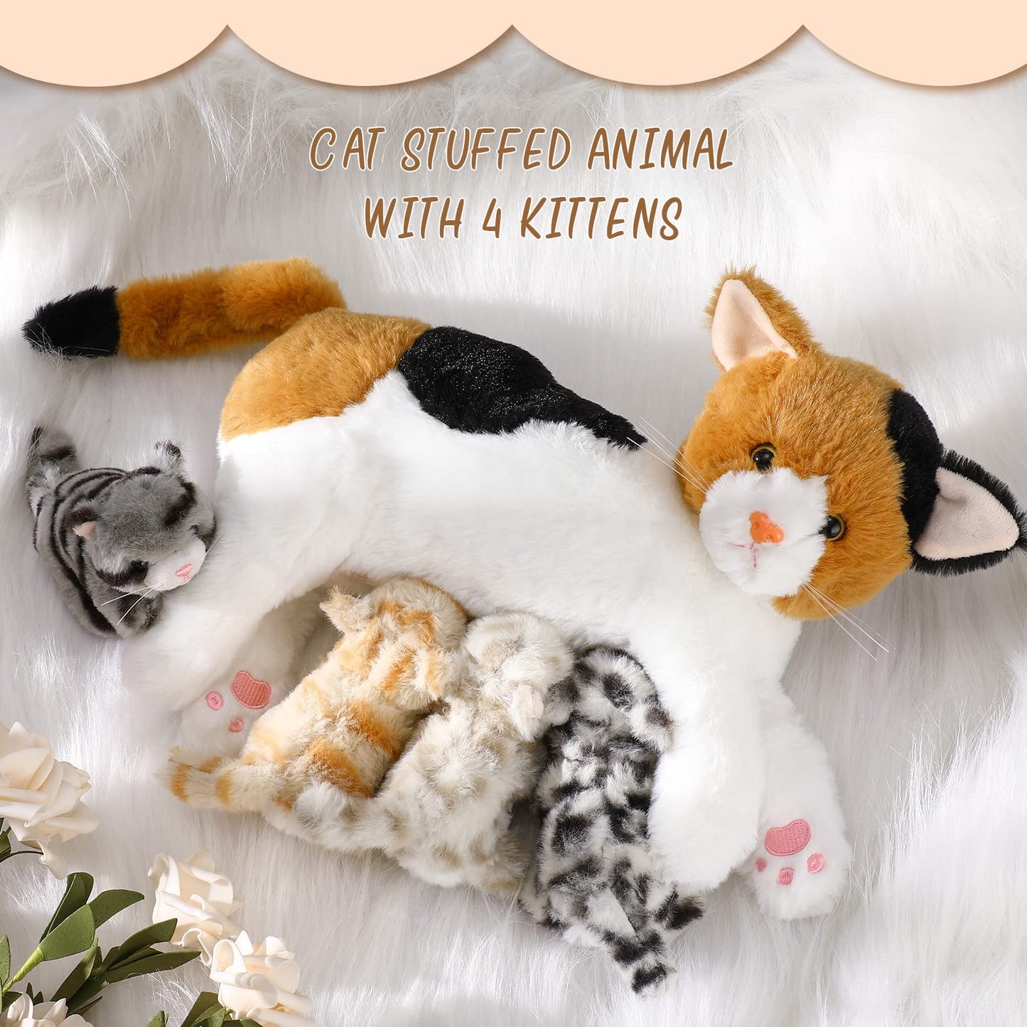 Skylety Nurturing Cat Stuffed Animal with 4 Plush Kittens, Cats Baby Stuffed for Girls Boys Plushy Mommy Kitty with Baby Kittens for Birthday Party Favors Gifts(Lovely Style)