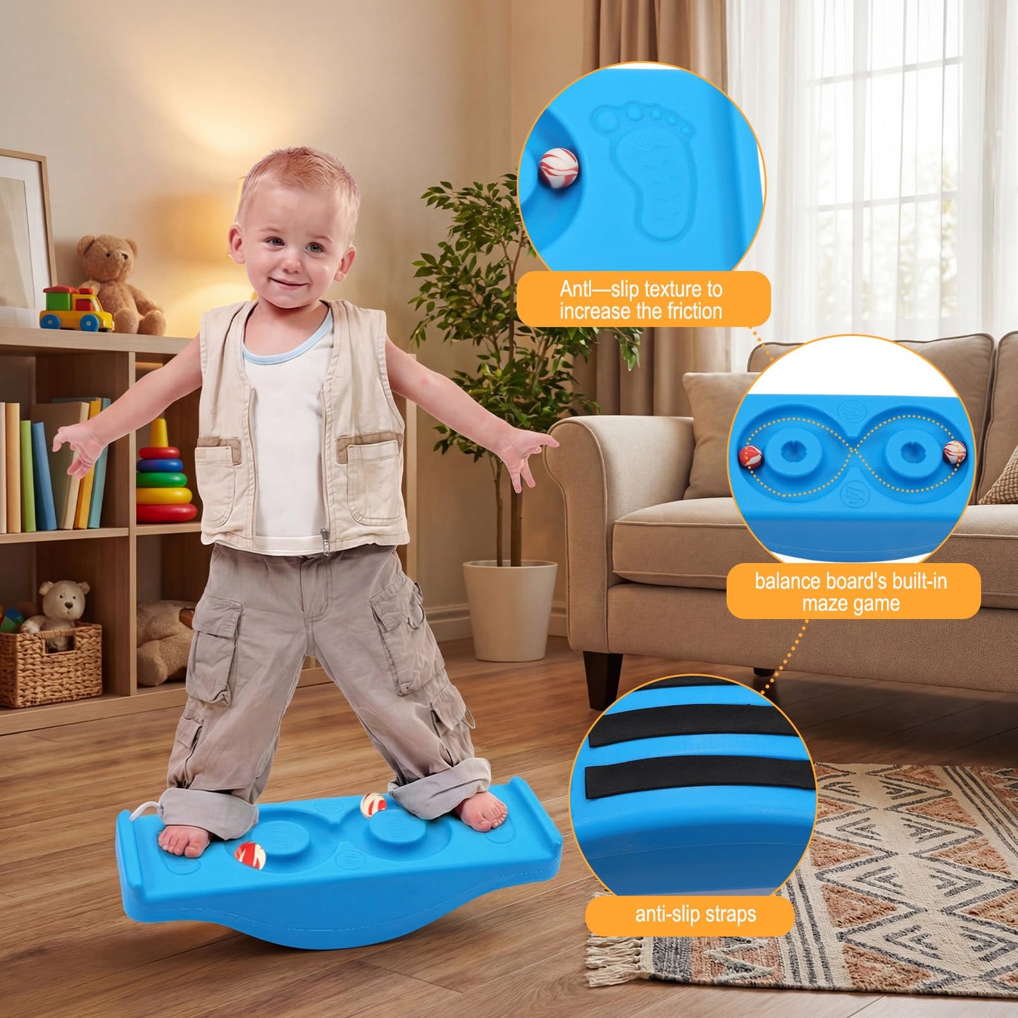 Seenelling Maze Balance Board for Kids 22.83" Wobbling Rocker Balance Board with 2 Mini Balls and 3 Anti-slip Strips PE Curvy Sensory Training Equipment Toy for Toddler Children Adults Boys Girls