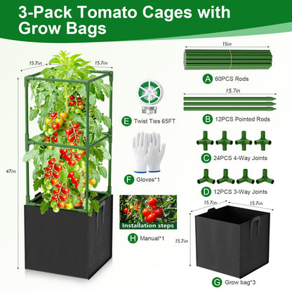 Laodier 3 Pack Tomato Cages, Square Tomato Trellis with 17 Gallon Grow Bags,47IN Tall Heavy Duty Tomato Plant Support Stakes for Garden Climbing Vegetables Flowers Fruits (Extra-Bold, 3 Pack)