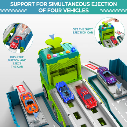 Carrier Truck Race Track Toddler Toys, Foldable 3 Layer Toddler Track Playset, Dinosaur Toy Truck Transport Car Carrier & 8 Race Cars, Truck Car Kids Toy Gifts for Age 3 4 5 6+ Year Old Boys Girls