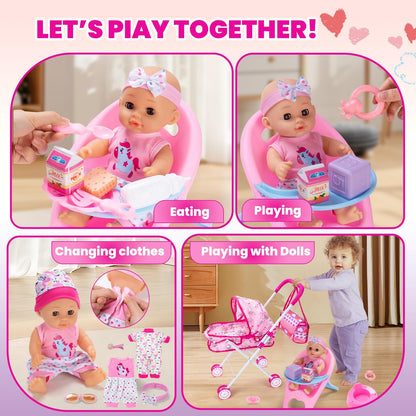 gerleek Baby Doll Stroller Play Set with 12.5" Baby Dolls, 28 Pcs Pretend Role Play Doll Accessories Including Crib, Dining Chair, Doll Clothes, Sunglass, Handbag for Girls Toddlers 3-5 4-6 5-7