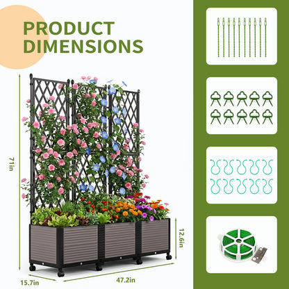 UrGROWA Raised Garden Bed Planter Box with Trellis, 63''H Tomato Planters for Climbing Plants Vegetable Vine Flowers Outdoor Patio Tomato Cage, Self Watering Planter with Wheels