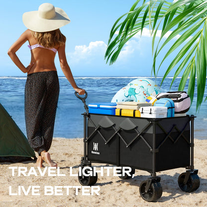 Navatiee 330Lbs Collapsible Folding Wagon, Beach Wagon Cart Heavy Duty Foldable with Big Wheels, Utility Grocery Wagon with 165L Large Capacity for Camping Garden Sports, Black